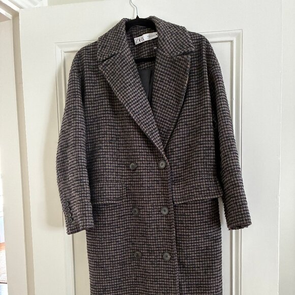Zara Houndstooth Long Coat, Doublebreasted (Blue, Brown, Black), Wool Blend - Picture 2 of 6